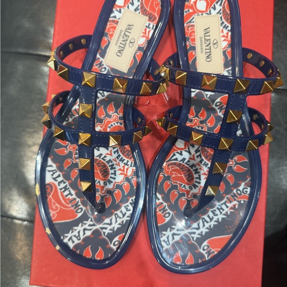 Valentino Shoes - Valentino Navy and Gold Studded Sandals